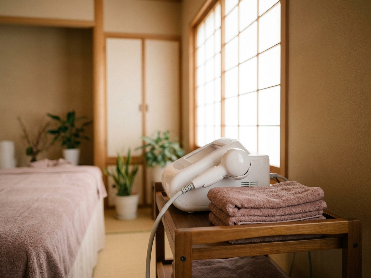 黄土座器で薬草を煮出す、よもぎ蒸しの半個室
